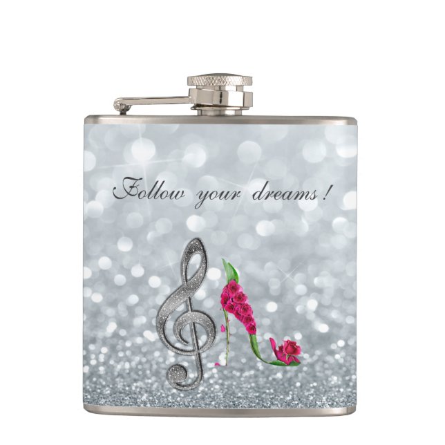 Follow your dreams, Glittery, Heels,Violine Key Hip Flask (Front)