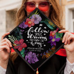 Follow your dreams motivational tropical flowers graduation cap topper<br><div class="desc">Celebrate your big day with this elegant girly floral graduation cap topper featuring an inspirational quote that reads "Follow your dreams, they know the way" in white modern hand-written fonts, decorated with little stars and surrounded by a wreath of colourful watercolor tropical flowers and foliage. Easily customize this cap topper...</div>