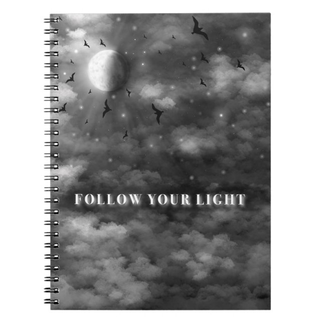 Follow Your Light | Celestial Moon and Clouds Spir Notebook (Front)