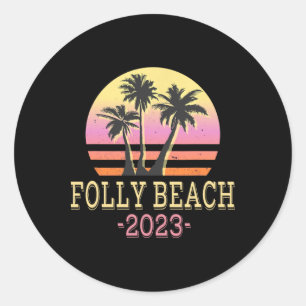 Folly Beach Retro Beach Family Vacation Men Women  Classic Round Sticker