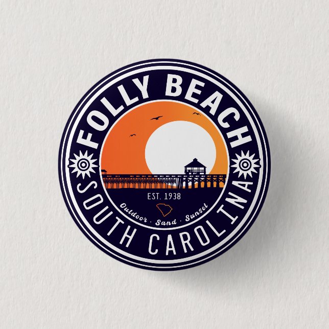 Folly Beach SC Souvenirs Retro Sunset Pier 60s 1 Inch Round Button (Front)