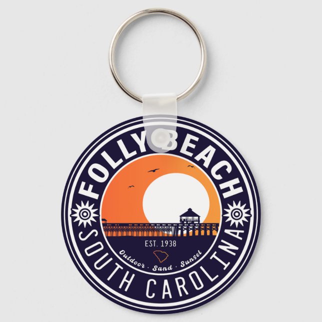 Folly Beach SC Souvenirs Retro Sunset Pier 60s Keychain (Front)