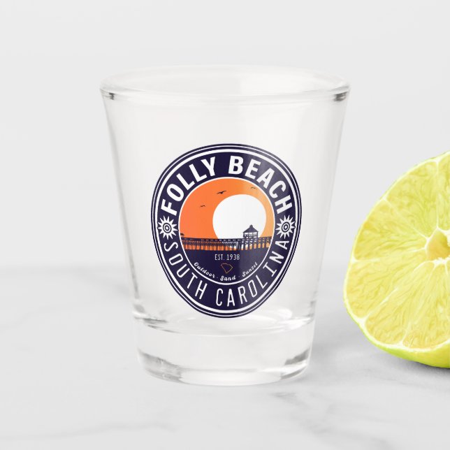Folly Beach SC Souvenirs Retro Sunset Pier 60s Shot Glass (Front)