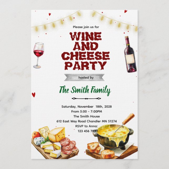 Fondue cheese wine party invitation (Front)