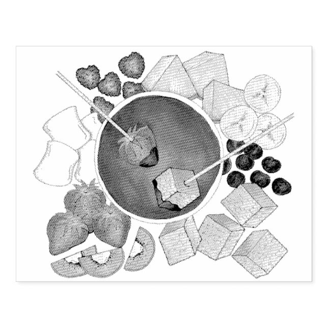 Fondue Fruit Cake Berries Marshmallow Dessert Food Rubber Stamp (Imprint)