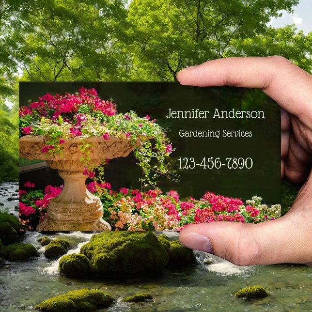 Fontaine de Fleurs Carte de visite de jardinage (Business card showing a classic Italian vase overflowing with blossoming colorful flowers - gardener)