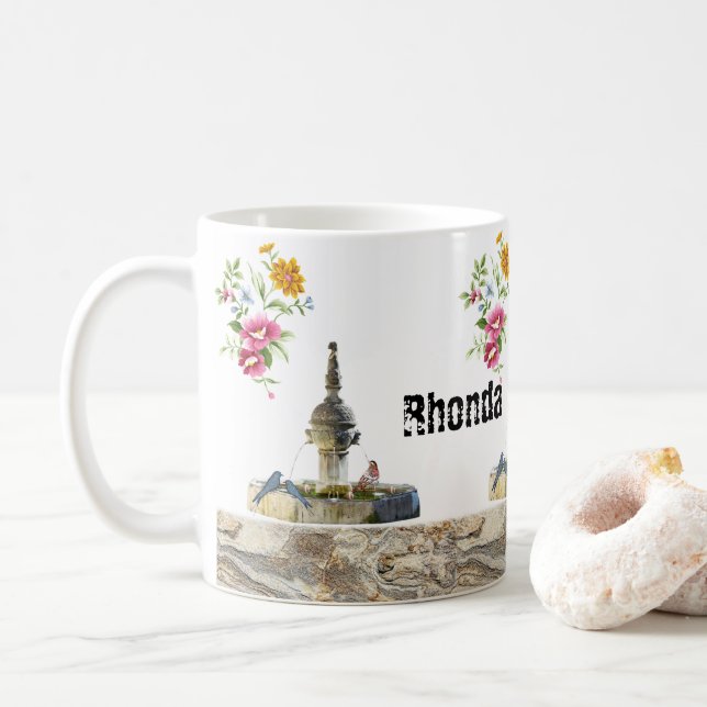 Fontaine d'oiseaux Mug floral (Avec donut)