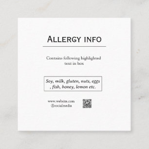 Food allergy alert add name text food items QR Square Business Card