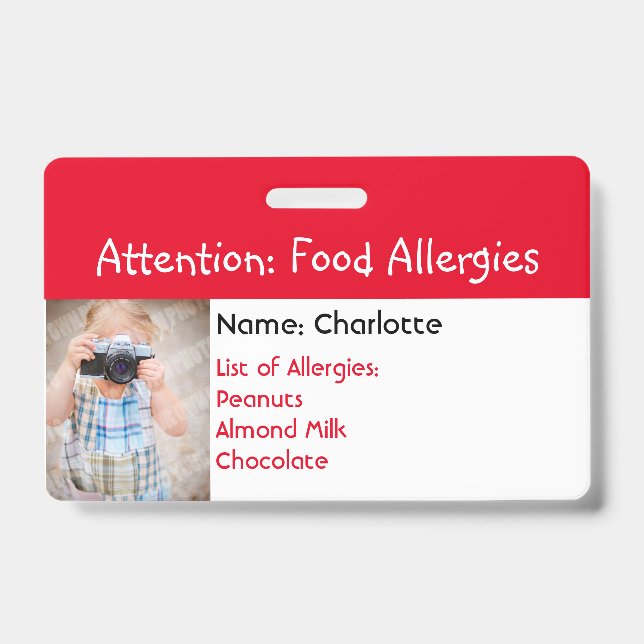 Food Allergy Alert Custom photo badge (Front)