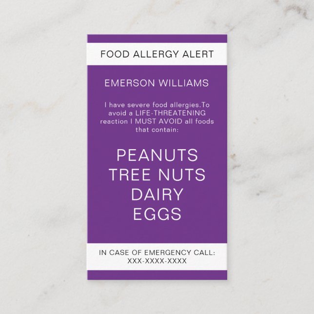 Food Allergy Alert Personalized Chef Card (Front)