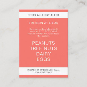 Food Allergy Alert Personalized Chef Card
