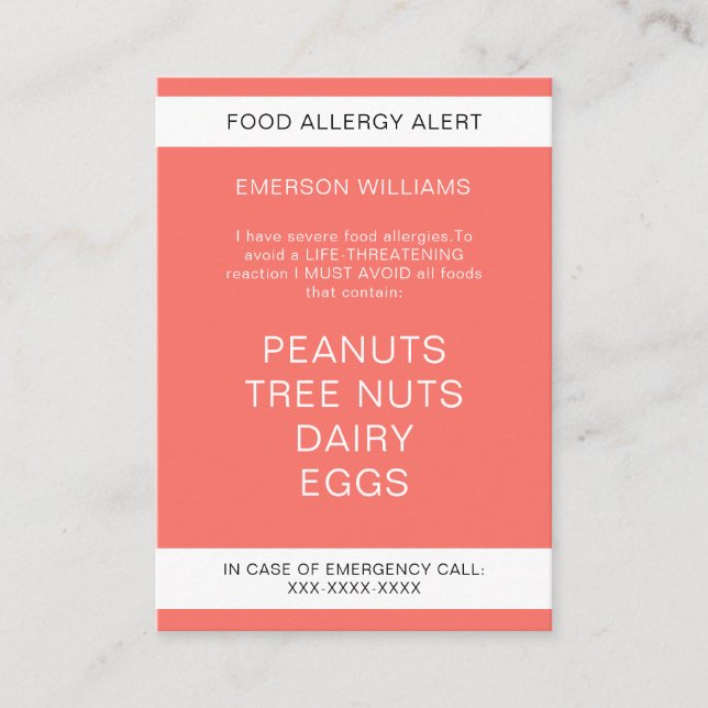 Food Allergy Alert Personalized Chef Card (Front)
