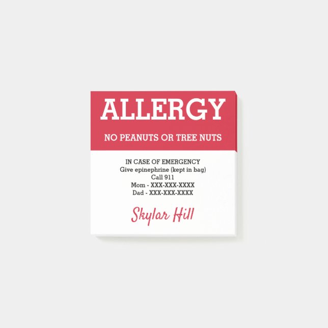 Food Allergy Alert Personalized Emergency Contact Post-it Notes (Front)