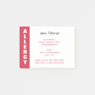 Food Allergy Alert Personalized Red Emergency Post-it Notes