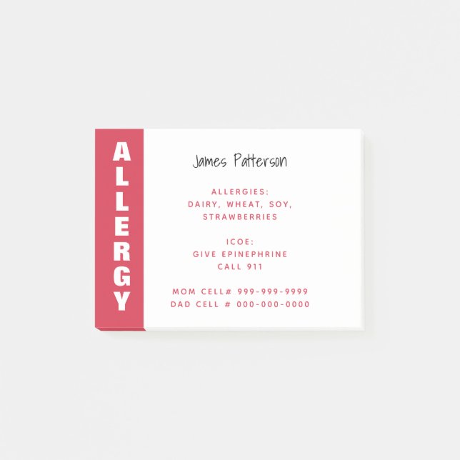 Food Allergy Alert Personalized Red Emergency Post-it Notes (Front)