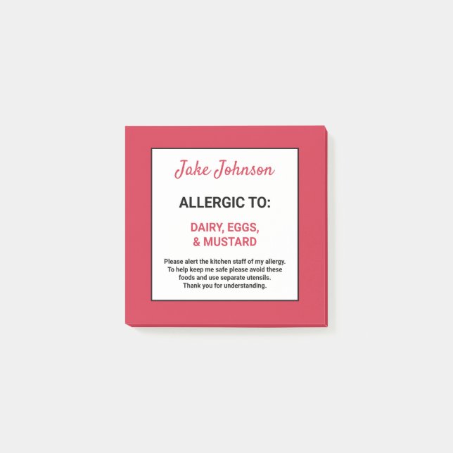 Food Allergy Alert Personalized Red Restaurant Post-it Notes (Front)