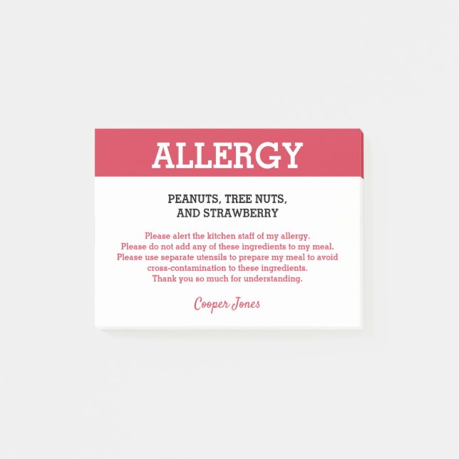 Food Allergy Alert Restaurant Personalized Post-it Notes (Front)