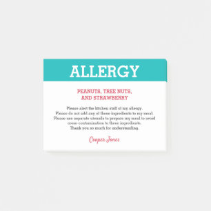 Food Allergy Alert Restaurant Personalized Teal Post-it Notes