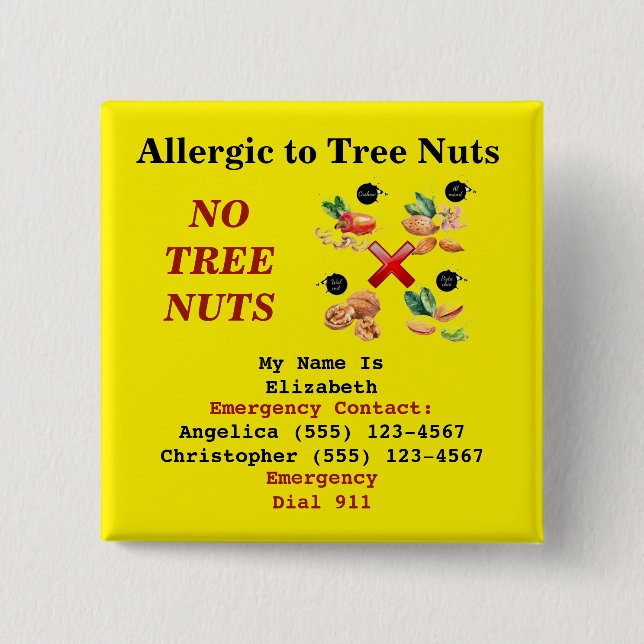 Food Allergy Alert Tree Nut Yellow Label 2 Inch Square Button (Front)