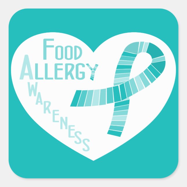 Food Allergy Awareness Teal Ribbon Heart Square Sticker (Front)