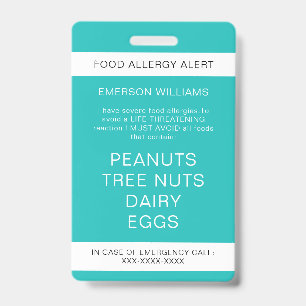 Food Allergy Medical Alert Emergency Contact Badge