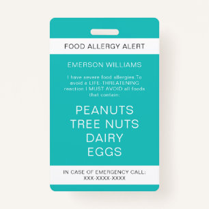 Food Allergy Medical Alert Emergency Contact Badge