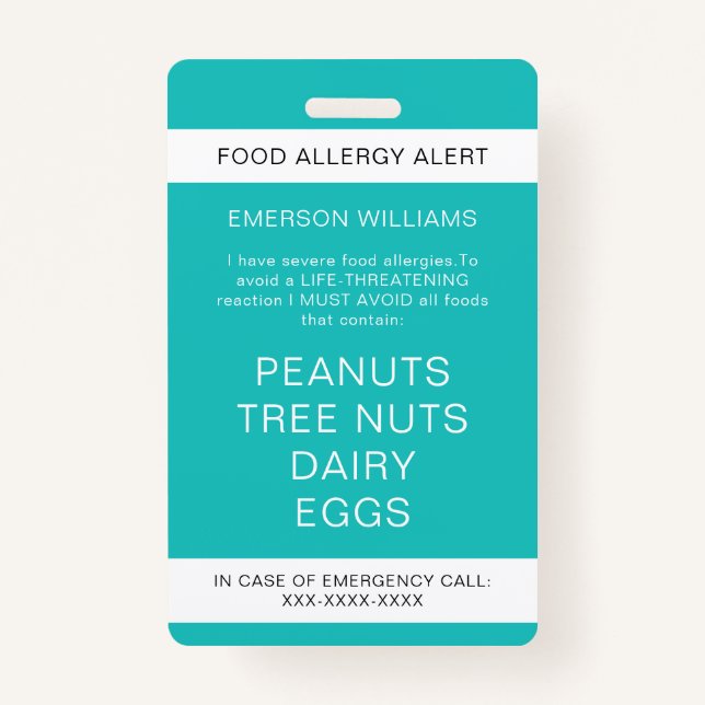 Food Allergy Medical Alert Emergency Contact Badge (Front)