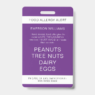 Food Allergy Medical Alert Emergency Contact Badge