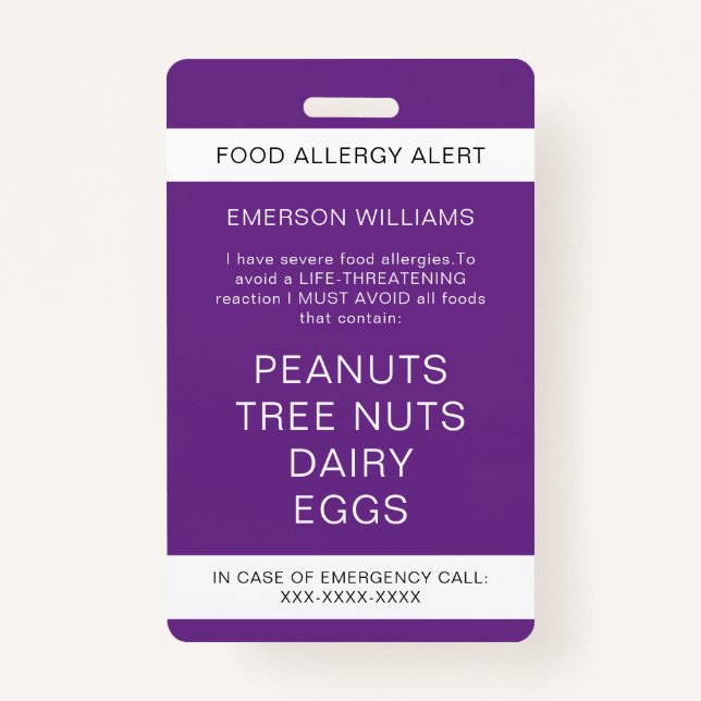 Food Allergy Medical Alert Emergency Contact Badge (Front)