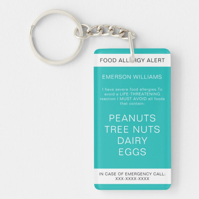 Food Allergy Medical Alert Emergency Contact Keychain (Front)