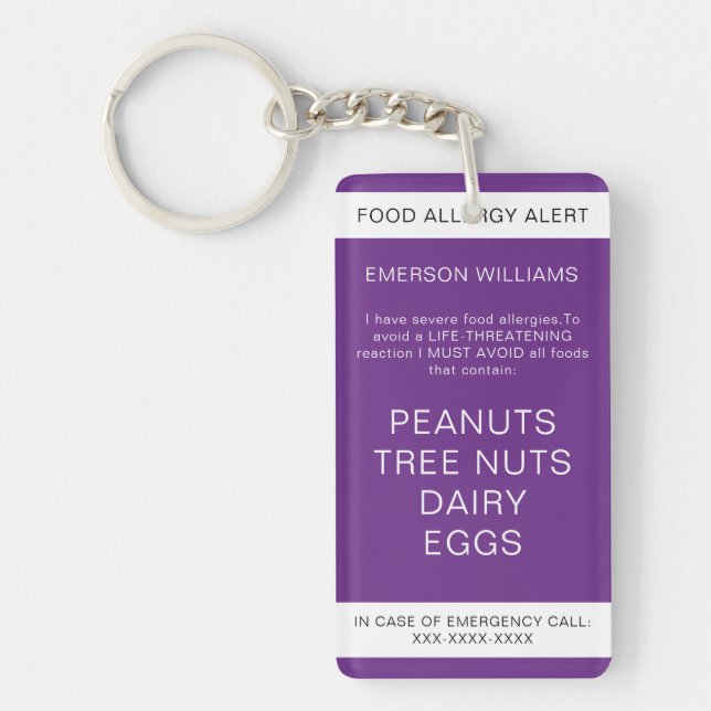 Food Allergy Medical Alert Emergency Contact Keychain (Front)