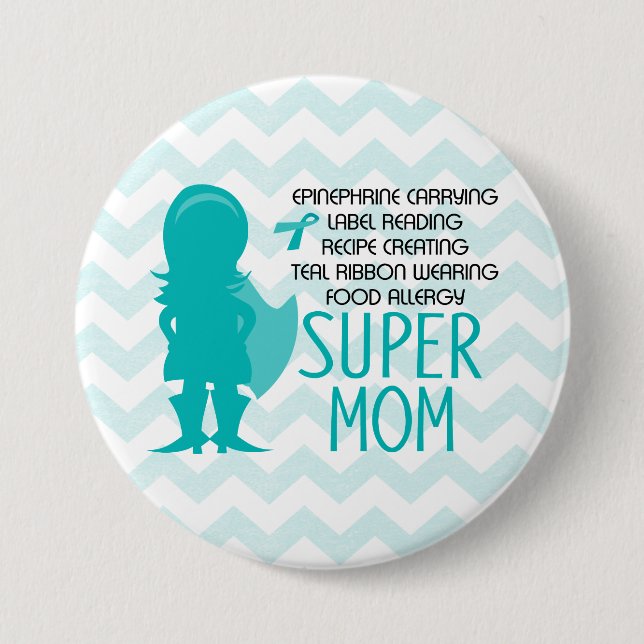 Food Allergy Super Mom Silhouette Teal Button (Front)