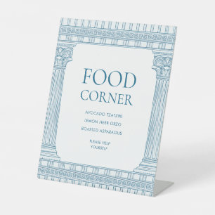 Food corner with blue temple pedestal sign