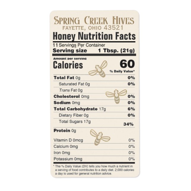 Food Fact de la FDA Étiquette de miel avec abeille (Devant)