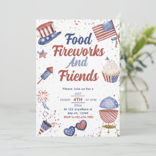 Food Friend and Fireworks 4th Of July  BBQ Invitation