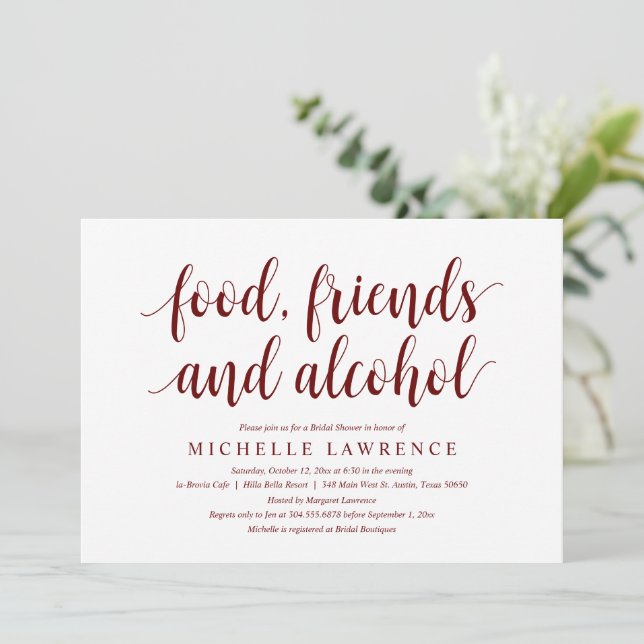 Food, friends and alcohol, Modern Bridal Shower In Invitation (Standing Front)