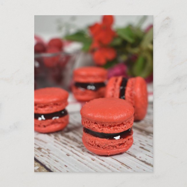 Food Photography Red Cherry Jam Filled Macarons Postcard (Front)