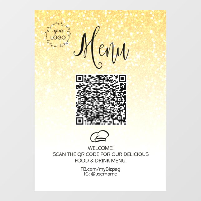 *~* Food Restaurant QR +  LOGO Menu Glitter  Window Cling (Sheet)