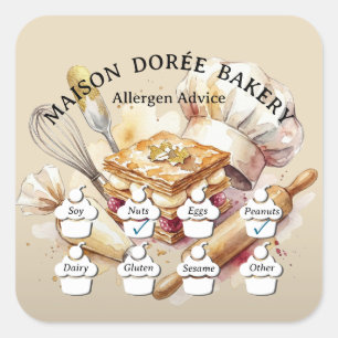 Food Safety Allergy Alert Bakery Pastry Chef Gold Square Sticker