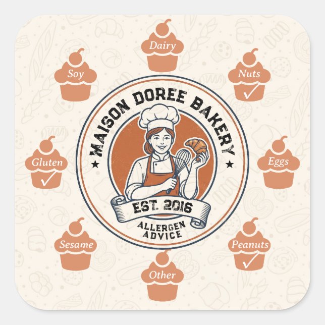 Food Safety Allergy Alert Bakery Pastry Chef Gold Square Sticker (Front)