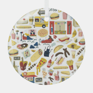 Food Truck Fest: Cartoon Pattern Glass Ornament