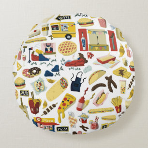 Food truck festival cartoon hand drawn elements se round pillow