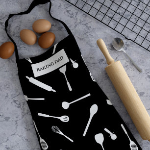 Foodie Dad Utensil Pattern Black and White Apron