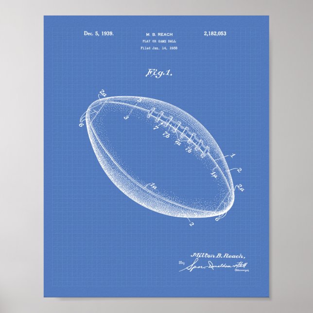 Football 1939 Patent Art - Blueprint Poster (Front)