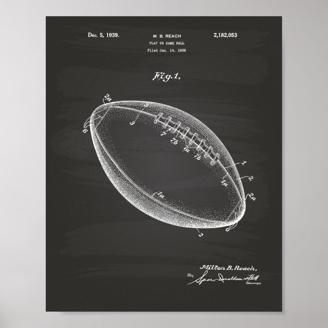Football 1939 Patent Art - Chalkboard Poster (Front)