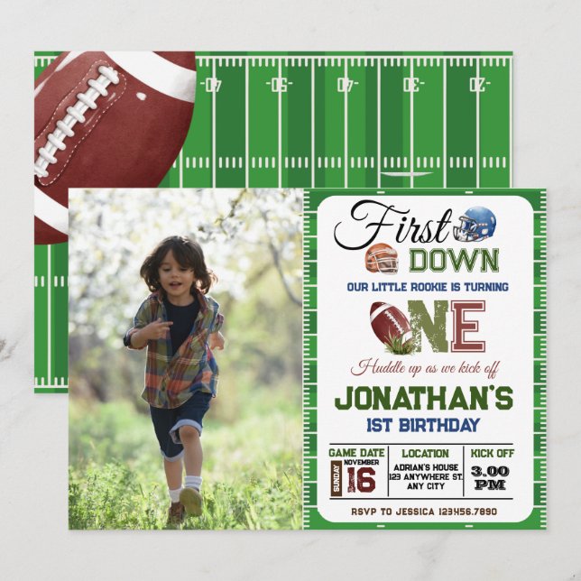 Football 1st Photo Birthday boy  Invitation (Front/Back)