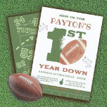 Football 1st Year Down Football BIrthday Party Invitation<br><div class="desc">Simple and modern 1st birthday party for a one year old, Football watercolor invitation. Features a big ONE custom font in colours of green, brown white. To make more changes go to Personalize this template. On the bottom you’ll see “Want to customize this design even further? Click on the EDIT...</div>