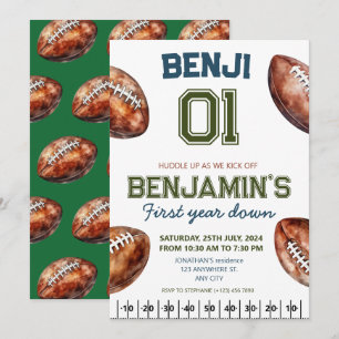 Football 1st Year Down Football BIrthday Party Invitation