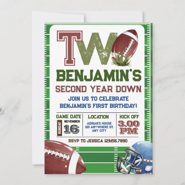 Football 2nd Year Down Birthday Invitation (Front)