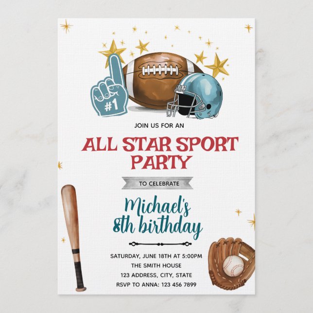 Football and baseball party Invitation (Front)